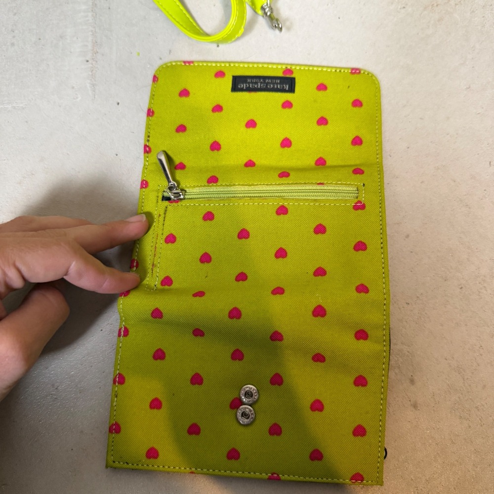 Kate Spade Lime Green Heart Print Feather Trim Bag and Wallet Set Vintage Y2K - Picture 3 of 8